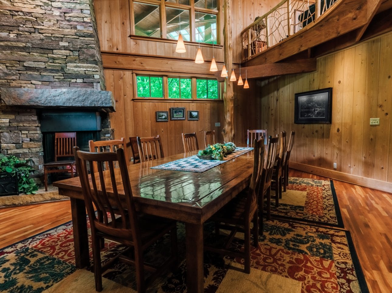 A 14-person, custom-built table graces the lodge's formal dining area