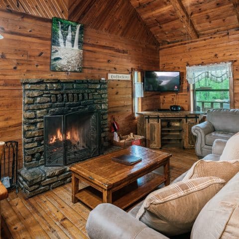 fishing theme in the great room of this campy and cute log home