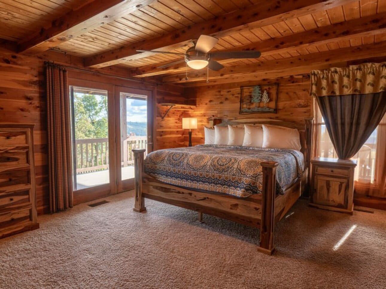 The spacious master bedroom of the Big Sky Cabin.